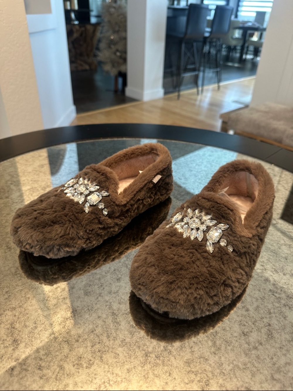 Free People Brown Faux Fur Jeweled Slippers